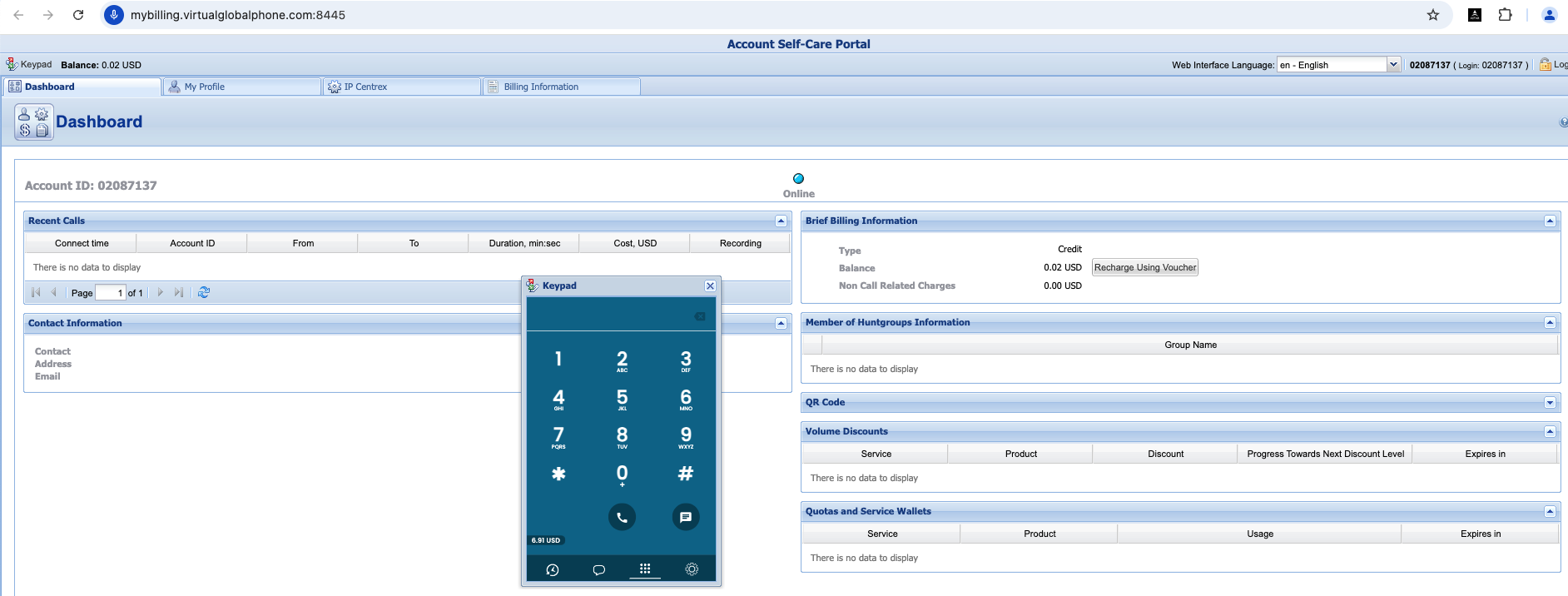 VirtualGlobalPhone Dashboard